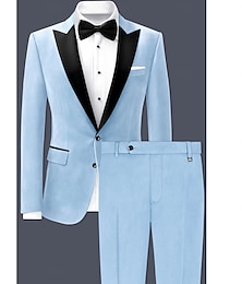 voordelige -Heren Kerstmis Feest Fluwelen pak Puntige revers Hemelsblauw Modieus Feest Effen Getailleerd 2-delige set Enkele rij knopen met twee knopen