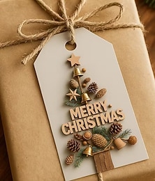 economico -48 etichette regalo natalizie con spago di iuta — etichette effetto legno vintage con pigna &Design con sagoma di campana "Buon Natale", resistente e facile da scrivere, perfetto per confezionare i