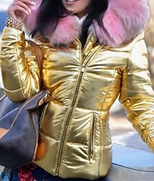 preiswerte -Damen Wintermantel Daunenjacke Kunstpelzmantel Warm Bequem Reißverschluss Tasche Lässig Einfach Alltagskleidung Ausgehen Wochenende Regulär Mit Kapuze Normale Passform Langarm Oberbekleidung Schwarz