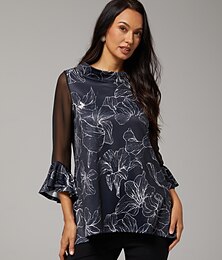 economico -camicetta da donna nera con stampa floreale, maniche in chiffon elasticizzato, scollo a barca, casual, comoda, primavera estate autunno vacanza