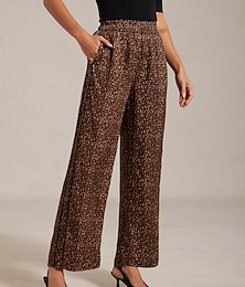 economico -pantaloni dritti in viscosa e seta con elastico in vita e stampa leopardata arricciata, per le vacanze