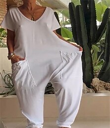 abordables -Femmes Normal Combinaison Élégant Couleur Unie Manche Courte Droit Col en V Patchwork Avec Poches Vacances Maison Coupe régulière Bleu Blanche Jaune Été