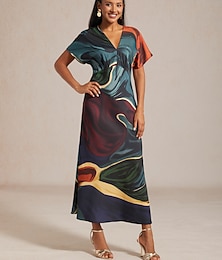 abordables -Robe longue en satin pour femme, imprimé abstrait, manches dolman, col en V, ceinture nouée, élégante, décontractée, vacances, printemps, été, automne