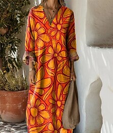 economico -Per donna Abito Lungo Maxi Abito Vestito Casual Abito Floreale Elegante Moda Moderno All'aperto Quotidiano Uscire Vestibilità comoda Floreale Grafico Manica Lunga Scollo a V Blu Rosa brillante Rosa