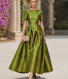 voordelige -A-lijn Over de knie Cocktailjurken Elegant Korte mouw Boothals Bruiloft Cocktailparty Taft Stretchsatijn met Plooien