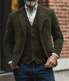 Недорогие -Муж. Вельветовый пиджак Воротник с вырезом Мода Классика На каждый день Однотонный Blazer Черный Коричневый Зеленый Узкий крой Однобортный с двумя пуговицами