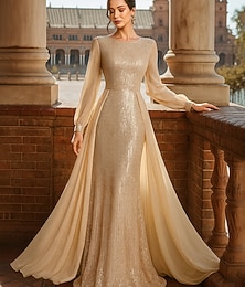 baratos -Linha A Longo Vestido formal Vestido de noite Vestido Dourado Manga Longa Gola Redonda Elegante Vintage Brilho & Glitter Elastano Poliéster Vestido Para Mãe dos Noivos com Lantejoulas