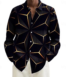 preiswerte -Herren Geometrisch Karo / Karomuster Abstrakte Kunst Hemd Knopfhemd Langarm Modisch lässig Outdoor Alltagskleidung Frühling Herbst Umlegekragen 3D-Druck Hemden mit Kragen Schwarz