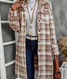 preiswerte -Damen Wintermantel Winterjacke Fleecejacke Bequem Atmungsaktiv Tasche Knöpfe Druck Lässig Karomuster Urlaub Straße Lässig Alltagskleidung Einreihig Regulär Umlegekragen Normale Passform Langarm