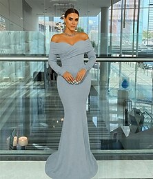 ieftine -Rochie de seară elegantă din fabrică de lurex tip sirenă  trâmpetă formală pentru nuntă cu tren lungime până la podea cu mânecă lungă off shoulder cu pliseuri strălucitoare