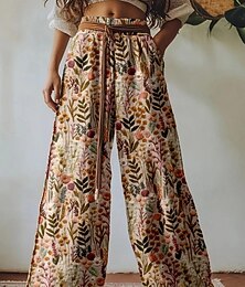 baratos -Mulheres Perna larga Férias Vintage Estilo Étnico Comprimento total Cintura Alta Floral Gráfico Sem Elasticidade Formal Férias Rua Marron Escuro Arroz Branco Branco Verão Primavera Ajuste Largo