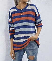 abordables -Femmes Pull Streetwear Occasionnel Rayé Col ras du cou Tricoté manche longue Hauts Réguliers Tricoter Quotidien Fête Sortir Bleu Automne Hiver