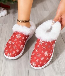 economico -pantofole da donna con stampa a fiocco di neve e slip-on per le feste - scarpe slip-on rosse festive con pelliccia sintetica bianca per il comfort invernale, perfette per la mattina di Natale e per l'abbigliamento casual