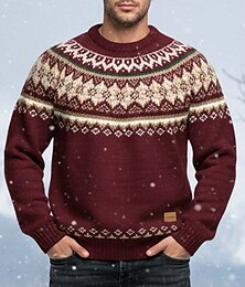 abordables -Homme Chandails de Noël Pull Pull Fair Isle Pull Tricoté Pull tricoté Côtelé Tricoter Hauts Réguliers Tricoté Argyle Col ras du cou Mode Basique Noël Vacances Vêtement Tenue Automne Hiver Rouge