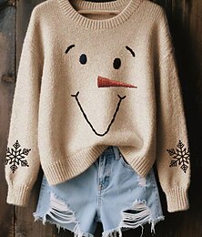 abordables -Pull de bonhomme de neige pour femmes à Noël mignon quotidien décontracté graphique col rond côtelé imprimé en tricot à manches longues hauts réguliers en tricot extérieur week-end blanc automne hiver