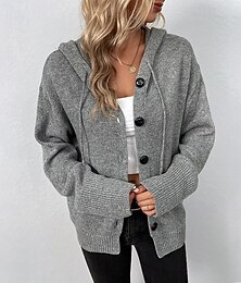 preiswerte -Damen Pullover Strickjacke Streetwear Lässig Einfarbig Mit Kapuze Knöpfe Gestrickt Langarm Normale Oberteile Stricken Täglich Ferien Ausgehen Schwarz Weiß Herbst Winter