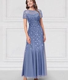 Недорогие -А-силуэт Платья До щиколотки Платье для вечеринки Коктейльные платья С короткими рукавами V-образный вырез Элегантный стиль Винтаж Официальные Тюль Платье для матери невесты с Вышивка Цветы