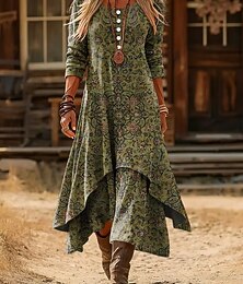 economico -Per donna Abito Midi Abito a Tubino Vacanza Casual Boho Quotidiano Ferie Vestibilità regolare Floreale Grafico Manica Lunga Girocollo Rosso Verde Autunno Inverno