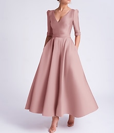 voordelige -A-lijn Over de knie Cocktailjurken Feestjurken Elegant Halve mouw V-hals Formeel Bruiloft gast Satijn met Zak