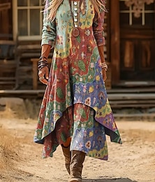 economico -Per donna Abito Midi Abito a Tubino Casual Quotidiano Ferie Vestibilità regolare Grafico Geometrico Manica Lunga Girocollo Blu Arancione Beige Autunno Inverno