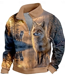 abordables -Homme Renard Impression 3D Sweatshirt Vintage Rétro Chasse Col montant Extérieur Travail Cadeau Noir Bleu Marron Fermeture éclair Automne Hiver Designer S M L XL XXL XXXL