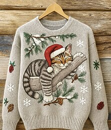 billiga -Dam Tröja Dagligen Ledigt Grafisk Djur snöflingor Ribbad Rund hals Stickat Mönster Långärmad Vanliga toppar Sticka Utomhus Helgen Beige Höst Vinter