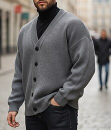 abordables -Homme Gilet Cardigan Pull Court Pull Tricoté Côtelé Tricoter Hauts Réguliers Boutonner Uni Col en V Mode Classique Vacances Tenue quotidienne Vêtement Tenue Automne Hiver Noir bleu marine M L XL