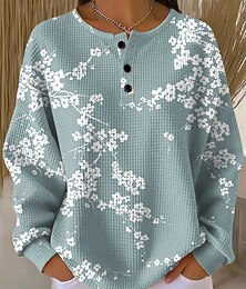 abordables -Mujer Sudadera Botones Estampado Floral Graphic Geométrico Vintage Casual Manga Larga Cuello Barco Tops regulares Casual Calle Uso Diario Azul Piscina Bleu Ciel Blanco Naranja Primavera Otoño Invierno