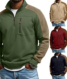 abordables -Homme Sweat à capuche Sweat-shirt quart de fermeture éclair Tactique Vin bleu marine Vert Kaki Demi-zip Bloc de Couleur Avec Poches Bloc de Couleur Occasionnel Quotidien ancien Occasionnel Automne