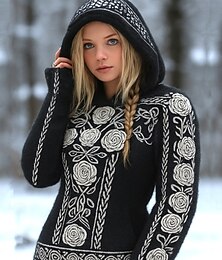 abordables -Pull viking vintage pour femme, style vacances, imprimé floral, capuche, manches longues, coupe classique, tricoté, noir, printemps, automne