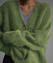 billiga -Dam Tröja Kofta Elegant Mode söt stil Ensfärgat V-hals Knappar Stickat Långärmad Långa toppar Sticka Utomhus Hem Dagligen Gul Rodnande Rosa Höst Vinter