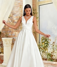 abordables -Vestidos de novia Corte A Escote en Pico Sin Mangas Cola de Corte Satén Vestidos de novia Con Fruncido Un Color 2025