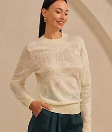 preiswerte -Organza-Wollstrickpullover mit Blumenmuster und Rundhalsausschnitt, lässig, für den Urlaub