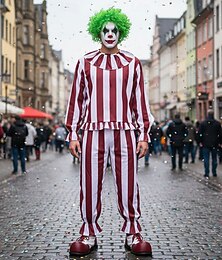 preiswerte -Joker Clown Karneval Kostüm Overall Clown im Kornfeld Horror Gruseliges Kostüm 白色                                              红色 Gestreift Erwachsene Herren Damen Halloween Karneval Leistung Party