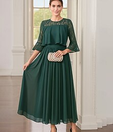baratos -Linha A Até o Tornozelo Longuette Vestido Coquetel Manga Longa Gola Redonda Elegante Vintage Festa Poliéster Vestido Para Mãe dos Noivos com Renda Pregas