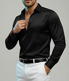 preiswerte -Herren Hemd Satinhemd Kleidhemd Freizeithemd Knopfhemd Abschlussballhemd Einfach Formell Hochzeit Schwarz Marineblau Langarm V Ausschnitt Ganzjahres Bekleidung