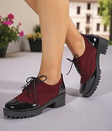 economico -Oxford stringate da donna in pelle scamosciata bordeaux e similpelle verniciata con tacco spesso – stile vintage anni '50, perfette per uscite informali, autunnali e riunioni del fine settimana