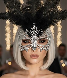 voordelige -Kristallen verenmasker voor dames - luxe strass-feestmasker met zwarte pluimen voor gemaskerd bal, kostuumfeest of carnavalsevenement