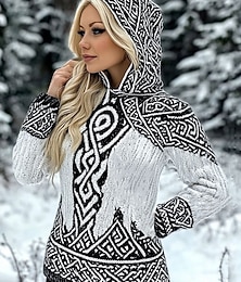 abordables -Femmes Pull Fair Isle ancien Occasionnel À capuche À capuche manche longue Hauts Réguliers Tricoter Extérieur Noir Blanche Printemps Automne