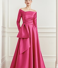 abordables -Ligne A Longueur au sol Robe de Soirée Élégant manche longue Épaules Dénudées Formel Mariage Poche Satin avec Noeud(s) Plis