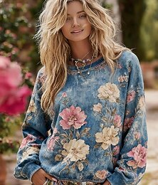 abordables -Mujer Sudadera Floral Casual Manga Larga Cuello Barco Tops regulares Casual Calle Uso Diario Azul Piscina Morado Gris Primavera Otoño Invierno