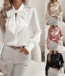economico -Per donna Blusa Tinta unica Semplice Elegante Essenziale Casual Manica Lunga Scollo a V Top Regolari Quotidiano Fiocco Nero Bianco Rosa Cachi Primavera Autunno Inverno