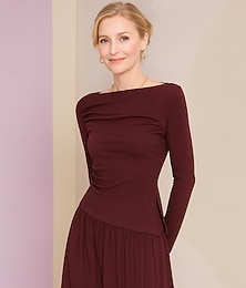 abordables -Vestido de fiesta de longitud de tobillo en corte A vestido de cóctel vestido de invitada de boda vestido de madre de la novia elegante vintage de mezcla de algodón con pliegues de manga larga escote