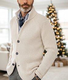 preiswerte -Herren Pullover Kleid Pullover Strickjacke Waffel Stricken Normale Oberteile Gestrickt Button-Down Stehkragen Klassisch Lässig Bekleidung Raglanärmel Frühling Herbst Winter Blau Armee-Grün XS S M