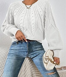 billiga -Dam Tröja Elegant Mode Streetwear Ensfärgat Kabel Rund hals Lappverk Stickat Långärmad Vanliga toppar Sticka Utomhus Hem Dagligen Svart Vit Höst Vinter