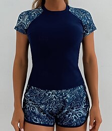 abordables -Tankini de mujer de 2 piezas traje de baño con pantalones cortos control de abdomen cintura alta sin espalda para vacaciones en la playa hojas florales escote redondo con mangas cortas