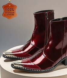 preiswerte -Glänzende rote Leder-Ankle-Boots für Herren – schickes, glänzendes Finish mit bequemem Blockabsatz, stilvolle Wahl für Weihnachtsveranstaltungen