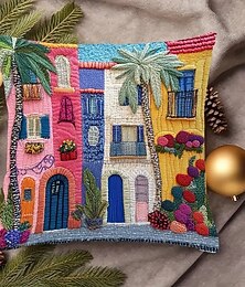 billiga -Medelhavsstil örngott med 2D-platttryck enkelsidig färgglad stadsscen växter och blommor dekorativt kuddfodral för soffa vardagsrum hem