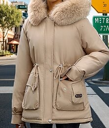 baratos -Mulheres Jaqueta de Inverno Casaco puffer Casaco de pele falsa Manter Quente Confortável Zíper Bolsos Botões Casual Tecido Férias Roupa Diária Para Noite Final de semana Padrão Com Capuz Normal Manga