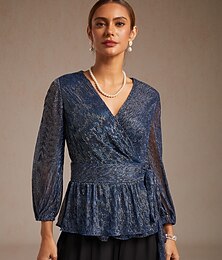 abordables -Femmes Hauts Élégants Plissé Métallique Élégant Manches Bouffantes Col en V Hauts Réguliers robe demoiselle d honneur Tenue de soirée Tenue d'Affaire bleu marine Printemps, Automne, Hiver, Été